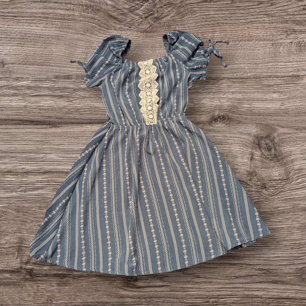 Lilly Blue, Size 7, Blue Striped Kids Dress with Lace Details